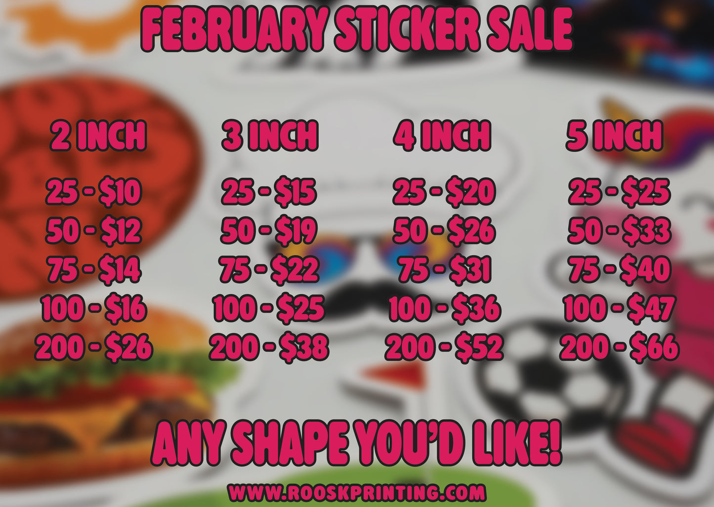 Sticker sale flyer with pricing information and product images.