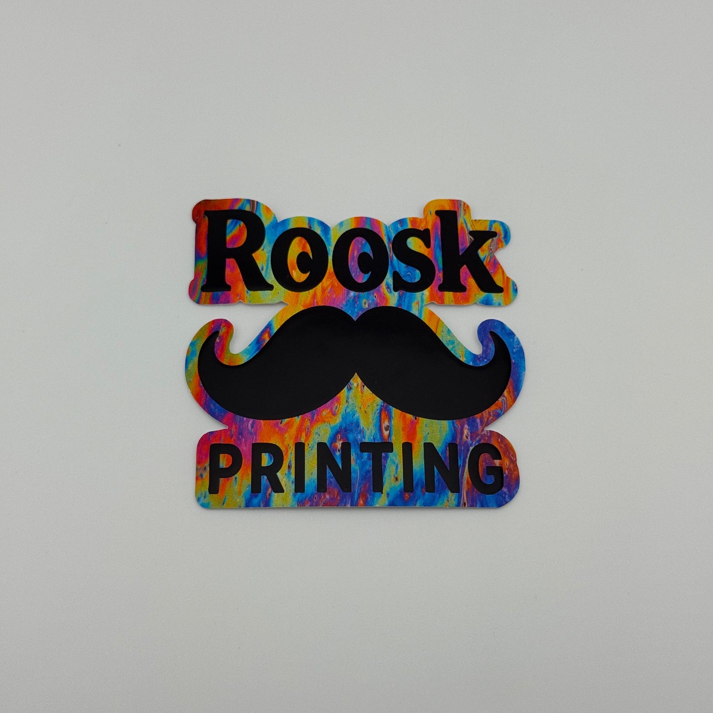 Colorful 'Roosk Printing' sticker with bleed