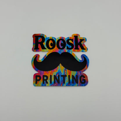 Colorful 'Roosk Printing' sticker with bleed